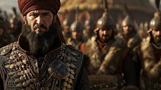 A highranking Janissary officer with his chest adorned in medals and his scimitar resting confidently in his belt commands attention and respect from his fellow troops.
