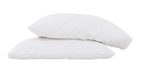 Front view of white pillows in stack with cases after guest's use in hotel or resort room isolated...