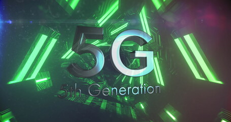 Digital image of 5g text against glowing green tunnel on purple background - Powered by Adobe