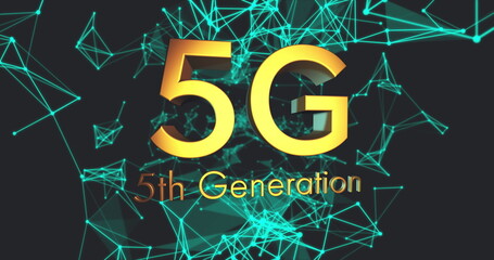 Digital image of 5g text against glowing network of connection on black background