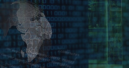 Image of data processing over server room and globe