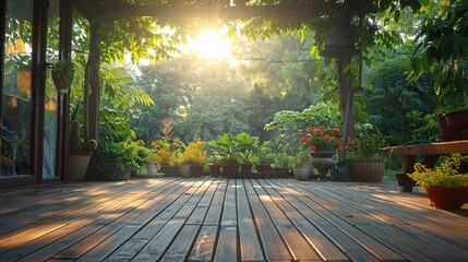 shabby deck and green garden background and sun light