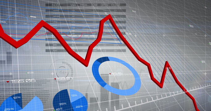 Image of statistics and financial data processing with red line over grid