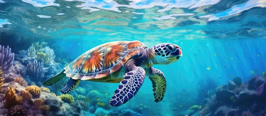 A painting depicting a majestic Hawksbill turtle gracefully swimming in the crystal blue tropical waters of the ocean. The turtles shell is intricately detailed, contrasting beautifully against the