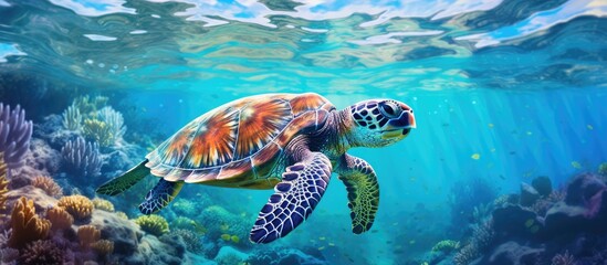 Obraz premium A painting depicting a majestic Hawksbill turtle gracefully swimming in the crystal blue tropical waters of the ocean. The turtles shell is intricately detailed, contrasting beautifully against the