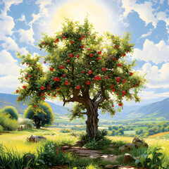 Fototapeta na wymiar The Harvest Season: A Delightful Scene of a Lush Apple Tree Laden with Ripe Apples in A Vibrant Green Field