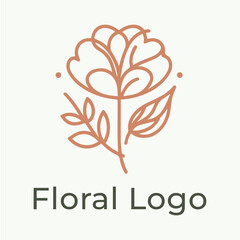 Feminine logo flower in simple minimal linear style. Vector floral emblem and icon