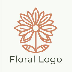 Feminine logo flower in simple minimal linear style. Vector floral emblem and icon