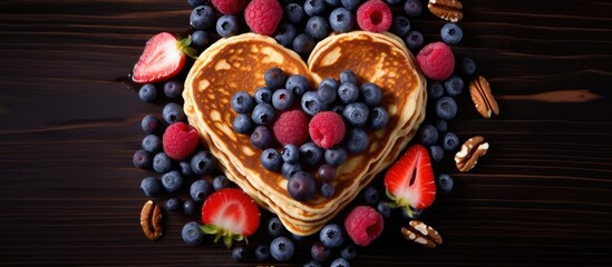 Obraz na płótnie Canvas A heart-shaped pancake sits on a plate, adorned with a mix of vibrant blueberries, raspberries, and crunchy pecans. The colorful berries and nuts create a visually appealing contrast against the