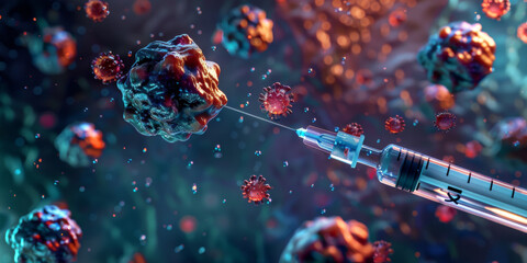 a syringe is flowing around a group of small tumors, generative AI - obrazy, fototapety, plakaty