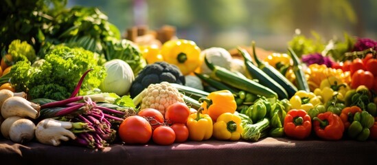 A diverse assortment of fresh vegetables fills a table, showcasing the vibrant colors and textures of produce. From leafy greens to root vegetables, each item symbolizes the bounty of a farmers market