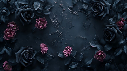 Dark mourning roses on black background. copy space. generative ai 