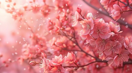 Spring beautiful background with green lush young foliage and flowering branches