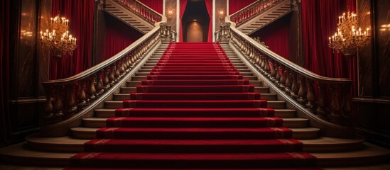 A grand red carpeted staircase ascends towards a red curtained room, exuding elegance and luxury. The bold colors create a captivating and enchanting ambiance.