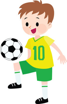 A boy wearing yellow and green jerseys playing with soccer ball