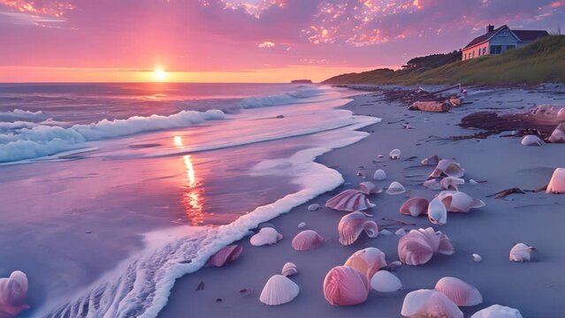 Beach at sunrise with the sky painted in soft pastel colors with sea shells.