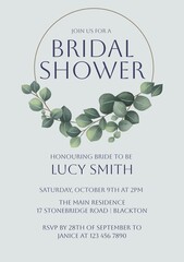 Invitation to celebrate love, featuring elegant eucalyptus leaves framing the event details