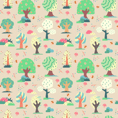 Seamless childish pattern with forest. Nature Background. Forest pattern with trees, mushrooms and flowers. Perfect for kids design, fabric, wrapping, wallpaper, baby shower, textile.