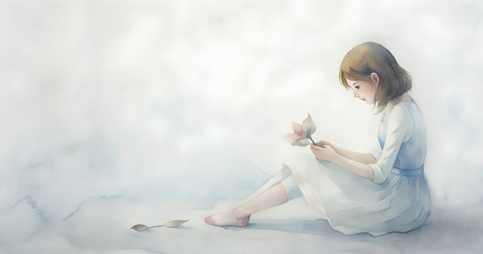 a girl in memories, flowers in her hand, watercolor paints