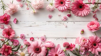 Spring flowers. Pink flowers on white wooden background. Flat lay, top view, copy space.