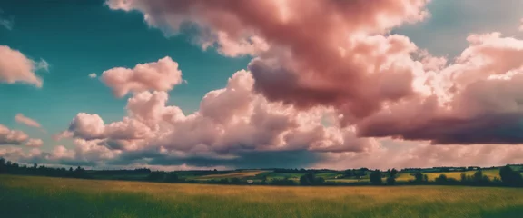 Photo sur Plexiglas Couleur saumon Panoramic landscape of lush green fields under a dramatic sky, hinting at the dynamic weather of the serene setting.