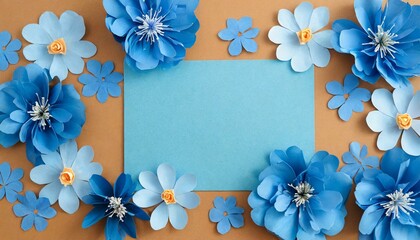 Background of blue paper flowers with empty space for text or greeting card design. Postcard for International Women&#x27;s Day and Mother&#x27