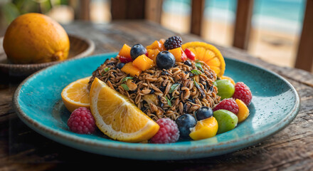 Tropical local meal, delicious looking with vibrant colors on a background of a serene beach with golden sands, azure waters, lush palm trees, vibrant local culture, adventure