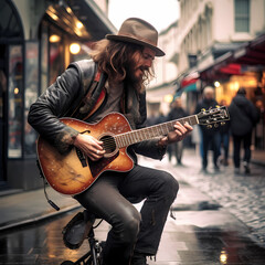 A guitarist performing on a city street.