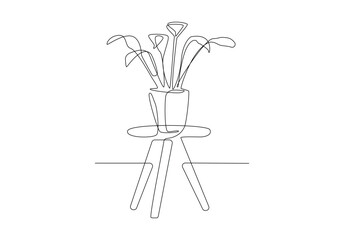 Continuous one line drawing of home plant on table. Vase plant Vectors & Illustrations