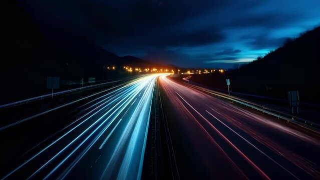 A mesmerizing view of the bustling highway as cars zoom past leaving behind colorful streaks of light against the night sky.