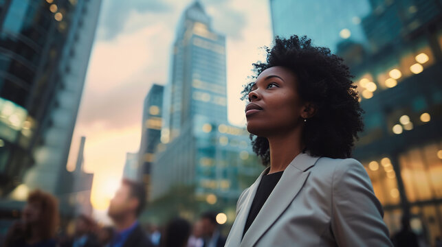 African American female executive in the middle of a busy street at dusk against the backdrop of modern office buildings, looking towards the sky, imagining future business success