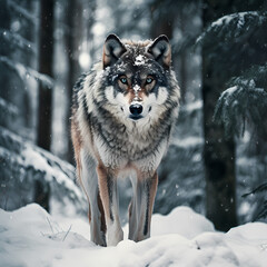 A lone wolf in a snowy forest. 