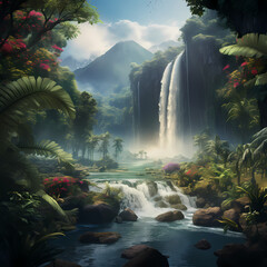 A majestic waterfall in a tropical setting. - obrazy, fototapety, plakaty