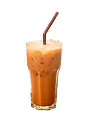 Front view of cold orange Thai tea with condensed milk and ice isolated with clipping path in png file format