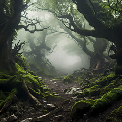 A mysterious forest with fog and ancient trees.