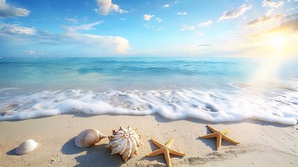 Fototapeta na wymiar Summer concept with sandy beach, shells and starfish