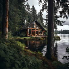 Fototapeta na wymiar A peaceful lakeside cabin surrounded by trees. 