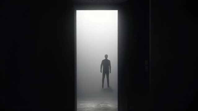 A person standing in a dark hallway with a locked door at the end symbolizing the feeling of being stuck in Psychology art concept. .