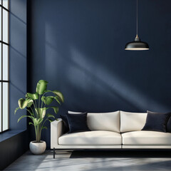 minimal interior with dark blue wall, living room with dark blue sofa