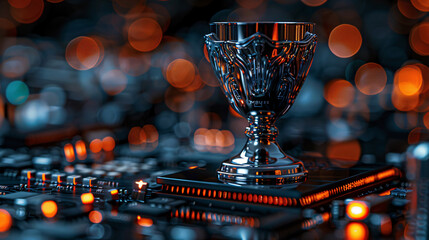 Fototapeta na wymiar Gold trophy competition trophy on abstract blurred bokeh background