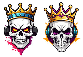 two skull with headphones and a crown, vector art, digital art, 2 d game assets, clash royal style...
