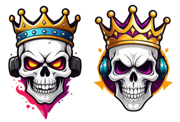 two skull with headphones and a crown, vector art, digital art, 2 d game assets, clash royal style characters, stickers illustrations