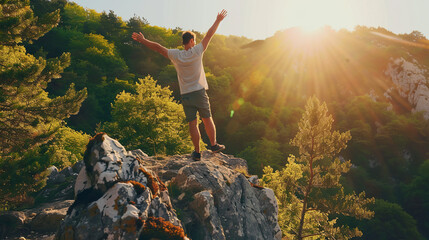Fototapeta premium Happy man with arms up jumping on the top of the mountain - Successful hiker celebrating success on the cliff - Life style concept with young male climbing in the forest pathway