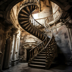 A spiral staircase in an old castle.