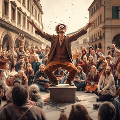 A street performer entertaining a crowd in a city square. - obrazy, fototapety, plakaty