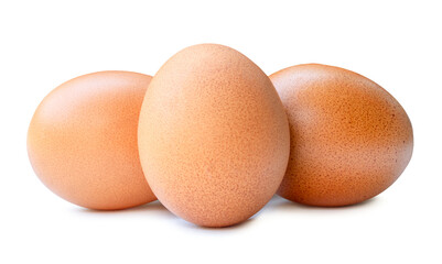 Front view of three fresh chicken eggs in stack isolated with clipping path and shadow in png file format