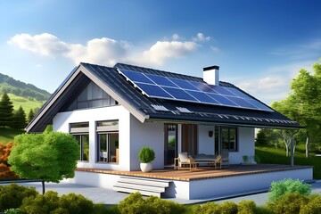 Modern suburban house with solar panels on a sunny day promoting sustainable living  New suburban house with a photovoltaic system on the roof 