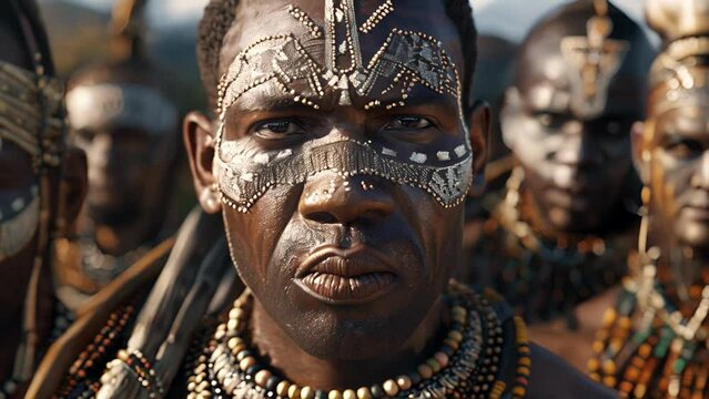 A group of Zulu warriors participate in a traditional ceremony their faces painted with intricate designs and their bodies adorned with beads. This celebration of their culture