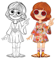 Cartoon girl with peace sign, colored and outlined versions.