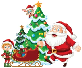 Washable wall murals Kids Santa Claus, elf, and cat by a decorated Christmas tree.